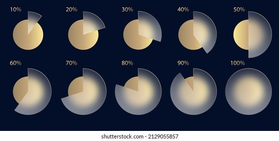 Glass Morphism Effect. Set Of Transparent Frosted Acrylic Chart Infographic Percent. Gold Gradient Circles On Black Blue Background. Realistic Glassmorphism Matte Plexiglass Shape. Vector Illustration