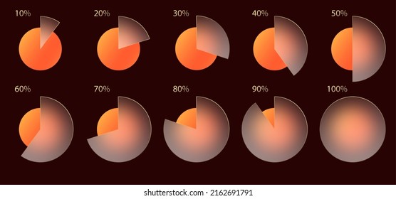 Glass morphism effect. Set of transparent frosted acrylic chart infographic percent. Orange yellow gradient circles on dark brown background. Realistic glassmorphism matte plexiglass shape. Vector