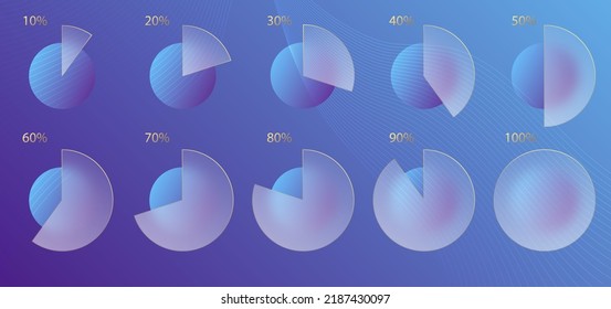 Efecto morfismo de vidrio. Conjunto de porcentaje de infografía del gráfico acrílico transparente congelado. Círculos de degradado azul sobre fondo violeta. El glasmorfismo realista mate forma de plexiglás. Ilustración del vector