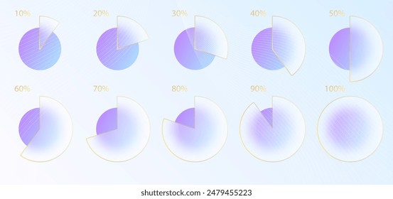 Efecto morfismo de vidrio. Conjunto de porcentaje de infografía de gráfico de acrílico esmerilado transparente. Círculos de degradado azul sobre fondo blanco. Forma de plexiglás mate con morfismo de vidrio realista. Ilustración vectorial