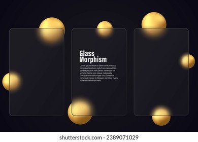 Glass morphism effect. Set of vertical glass banners with golden gradient spheres on a black background.