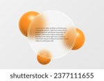 Glass morphism effect. Translucent round banner made of frosted glass and orange gradient spheres on a light background.
