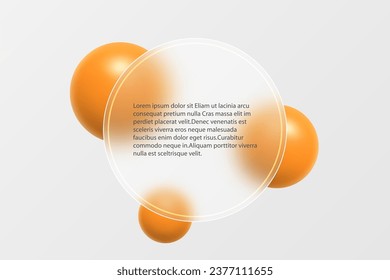 Glass morphism effect. Translucent round banner made of frosted glass and orange gradient spheres on a light background.