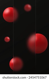 Glass morphism effect. Transparent glass banner template with red spheres on a black background.