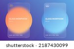 Glass morphism effect. Transparent frosted acrylic bank cards. Orange yellow gradient circles on violet blue background. Realistic glassmorphism matte plexiglass shape. Vector illustration