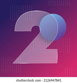 Glass morphism effect. Transparent frosted acrylic shape number 2 on purple blue gradient background Realistic glassmorphism matte plexiglass rectangle shapes. Futuristic style. Vector illustration