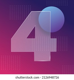 Glass morphism effect. Transparent frosted acrylic shape number 4 on purple blue gradient background Realistic glassmorphism matte plexiglass rectangle shapes. Futuristic style. Vector illustration