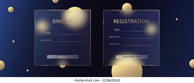 Efecto morfismo de vidrio. Tarjeta acrílica transparente asada. Formulario de registro de suscripción. Los círculos de gradiente dorado sobre fondo azul negro. El glasmorfismo realista mate forma de plexiglás. Ilustración del vector