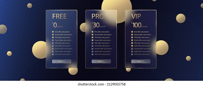 Glass morphism effect. Transparent frosted acrylic card. Subscription plan select Color gradient circles on black blue background. Realistic glassmorphism matte plexiglass shape. Vector illustration