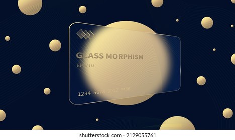 Efecto morfismo de vidrio. Tarjeta de banco de acrílico transparente congelado. Los círculos de gradiente dorado sobre fondo azul negro. El glasmorfismo realista mate la forma de distorsión de la perspectiva plexiglánica. Ilustración del vector