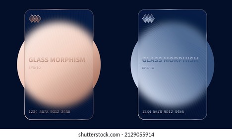 Glass morphism effect. Transparent frosted acrylic bank cards. Gold pink and silver gradient circles on black blue background. Realistic glassmorphism matte plexiglass shape. Vector illustration - Shutterstock ID 2129055914