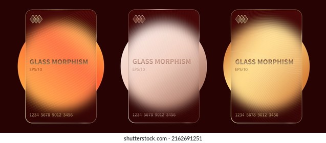 Glass morphism effect. Transparent frosted acrylic bank cards. Orange yellow gradient circles on dark brown background. Realistic glassmorphism matte plexiglass shape. Vector illustration