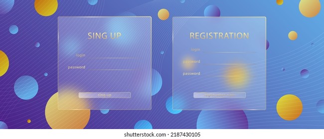 Glass morphism effect. Transparent frosted acrylic card. Subscription log in form. Yellow gradient circles on violet blue background. Realistic glassmorphism matte plexiglass shape Vector illustration