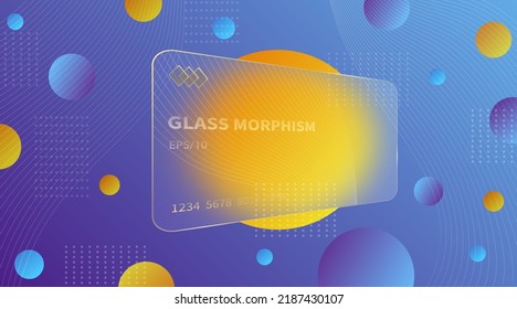 Efecto morfismo de vidrio. Tarjetas transparentes de banco acrílico asadas. Rodamientos de gradiente amarillo anaranjado sobre fondo azul violeta. El glasmorfismo realista mate forma de plexiglás. Ilustración del vector