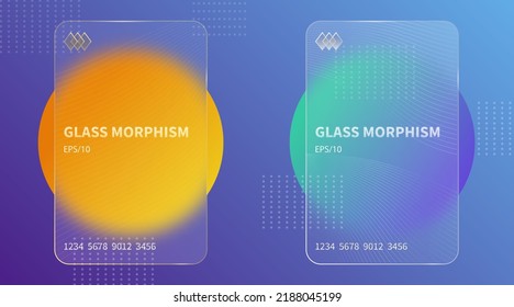 Glass morphism effect. Transparent frosted acrylic bank cards. Orange yellow gradient circles on violet blue background. Realistic glassmorphism matte plexiglass shape. Vector illustration