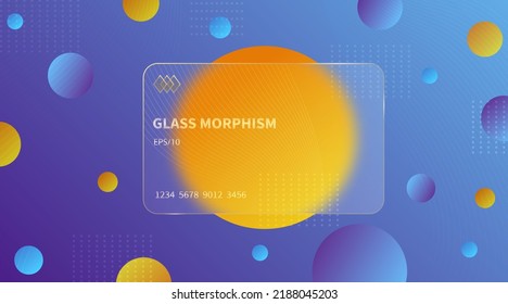 Glass morphism effect. Transparent frosted acrylic bank cards. Orange yellow gradient circles on violet blue background. Realistic glassmorphism matte plexiglass shape. Vector illustration