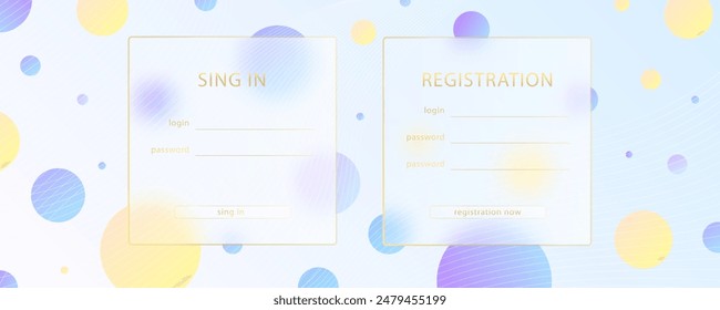 Glass morphism effect. Transparent frosted acrylic card. Subscription log in form. Yellow gradient circles on white blue background. Realistic glassmorphism matte plexiglass shape. Vector ilusstration