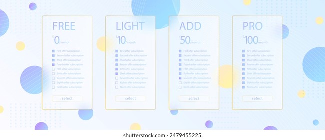 Efecto morfismo de vidrio. Tarjeta transparente de acrílico esmerilado. Plan de suscripción seleccione Círculos de degradado amarillo sobre fondo blanco azul. Forma de plexiglás mate con morfismo de vidrio realista. Ilustración vectorial