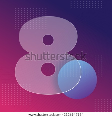 Glass morphism effect. Transparent frosted acrylic shape number 8 on purple blue gradient background Realistic glassmorphism matte plexiglass rectangle shapes. Futuristic style. Vector illustration