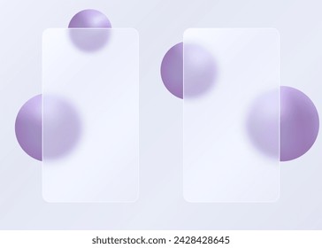 Glass morphism effect. Vertical glass shapes with spheres on a light gradient background.