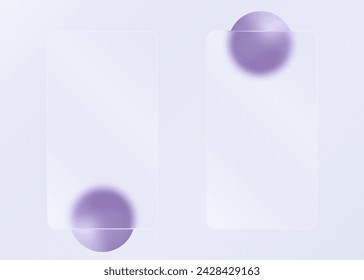 Glass morphism effect. Vertical glass shapes with purple spheres on a light background.