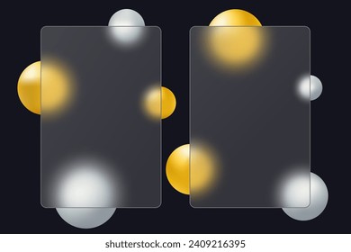 Glass morphism effect. Vertical transparent banners with gold and silver spheres. Realistic glass morphism of frosted glass shape.