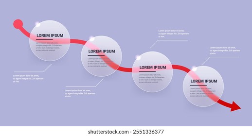 Glass morphism falling red chart with transparent rounds for text. Crisis financial infographic template