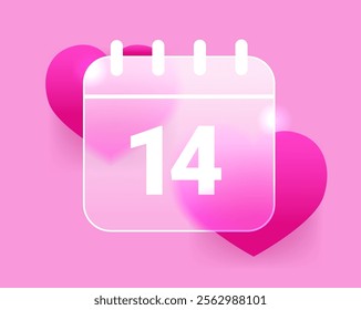 Glass morphism February fourteenth calendar on pink background. Valentine’s Day date vector symbol