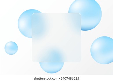 Glass morphism, floating blurred blue spheres and transparent glass square banner, futuristic abstract background.