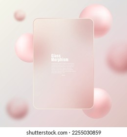 Glass morphism, floating blurred spheres, pink geometric shapes. Futuristic abstract background