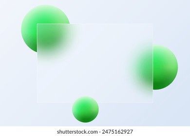 Glass morphism. Floating green spheres and glass plate on a light background.