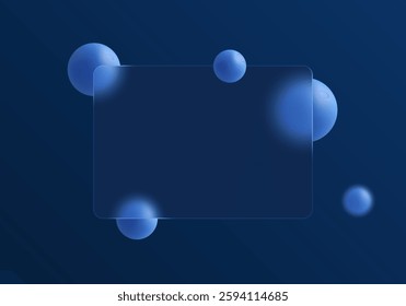 Glass morphism with frosted glass partition and floating blue spheres on a dark background.