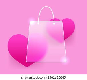 Glass morphism glamour shopping bag icon with heart on pink background. Valentine’s Day sale vector symbol 