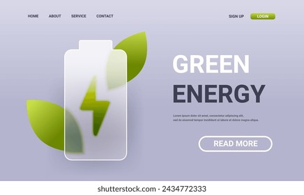 Glass morphism green energy service landing page. Eco power technology vector illustration