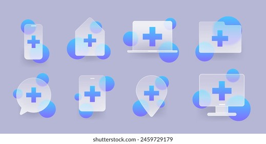 Glass morphism icons set with medicine blue cross. Medical service symbol