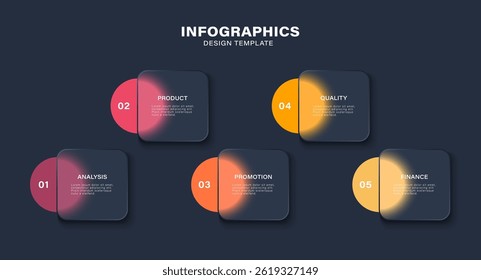 Glass morphism infographic design. Five steps or options with space for text