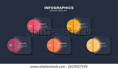 Glass morphism infographic design. Five steps or options with space for text
