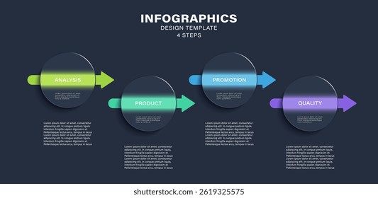 Glass morphism infographic design template with four steps or options. Round transparent elements with arrows