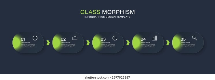 Glass morphism infographics design template with 5 steps or options