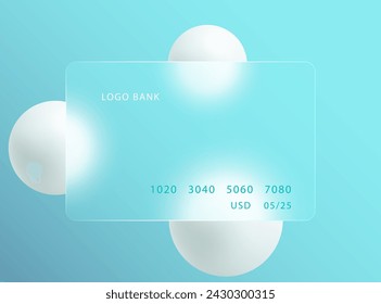 Glass morphism landing page with bank transparent card. Vector illustration with blurry floating spheres in white.