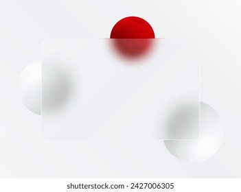 Glass morphism landing page. Credit card template with white and red spheres on a white background.