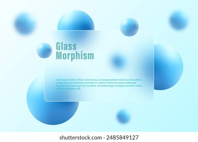 Glass morphism landing page. Floating blue spheres and glass partition.