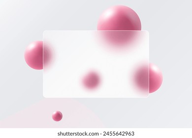 Glass morphism landing page with frame. Vector illustration with blur and sphere in pink color.