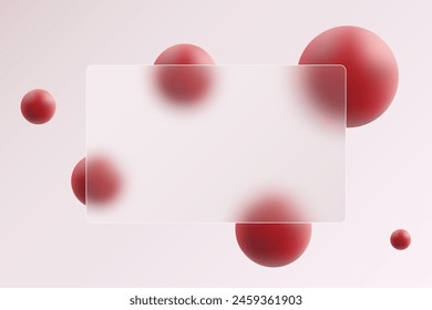 Glass morphism landing page with frame. Illustration with blurry floating red spheres