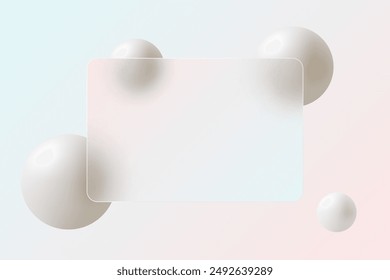 Glass morphism landing page with frame. Illustration with blurry floating white spheres.