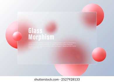Glass morphism landing page with frame. Illustration with blurry floating red spheres