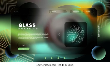 Glass morphism landing page with neon elements and UI design