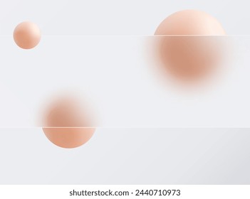 Glass morphism landing page. Glass plate template with peach-colored spheres on a light background.