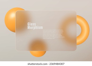 Glass morphism landing page with rectangular glass frame. Illustration with blurry floating orange spheres