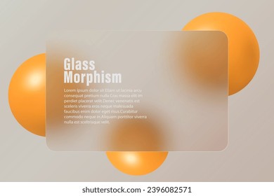 Glass morphism landing page with rectangular frame. Vector illustration with blurred floating spheres in orange color